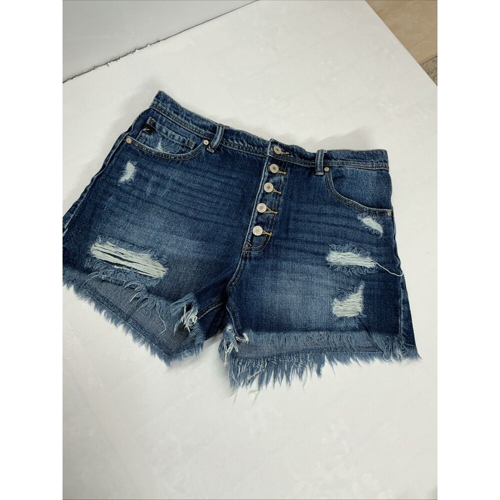KanCan Dark Indigo Distressed Button-Fly Jean Shorts